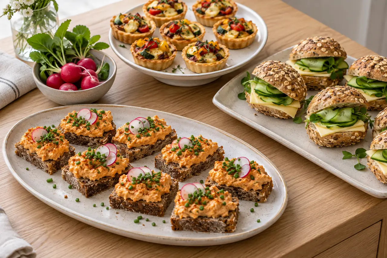 Liptauerbrote, belegtes Jourgebäck und kleine Gemüsetartelettes auf Servierplatten