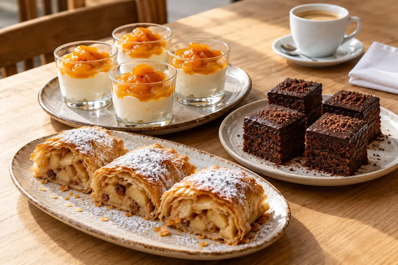 Apfelstrudelstücke, Creme im Glas mit Marillen und kleine Schokoladenkuchen