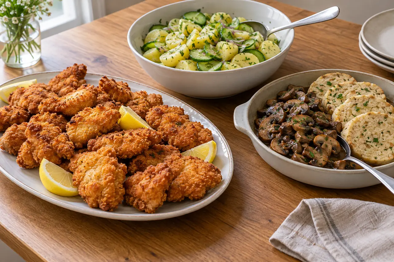 Backhendlstücke, Erdäpfel-Gurkensalat und Pilze mit Serviettenknödeln