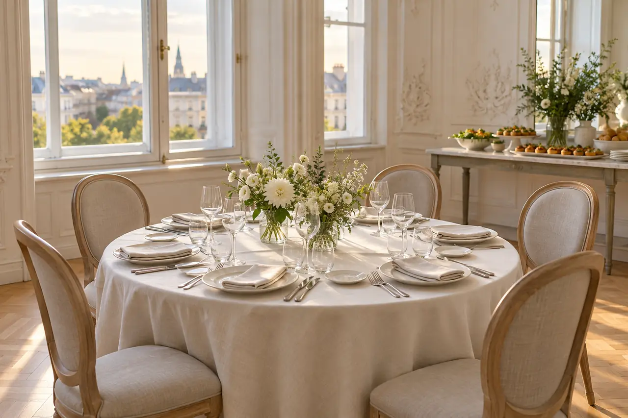 Hell gedeckter runder Hochzeitstisch mit Leinen, Gläsern und kleinen Blumenvasen