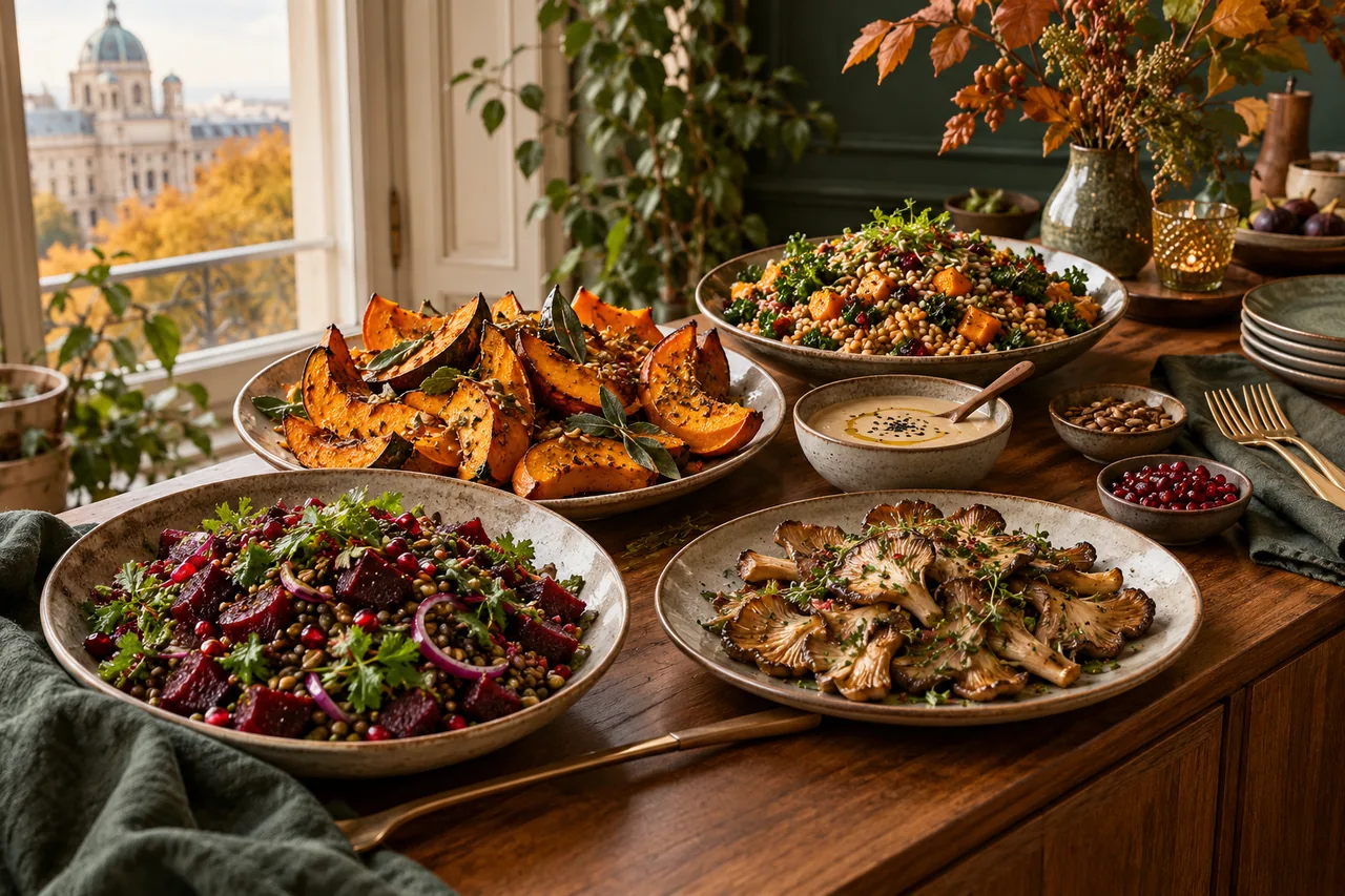 Gerösteter Kürbis, Rote-Rüben-Linsen-Salat und gebratene Pilze auf einer herbstlichen Anrichte