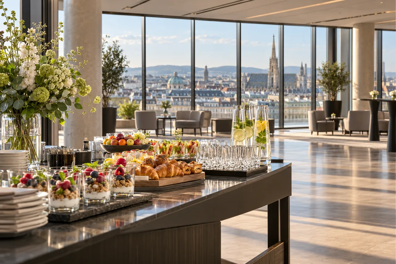 Tagungsbuffet mit kleinen Speisen, Wassergläsern und Blick auf Wiener Dächer