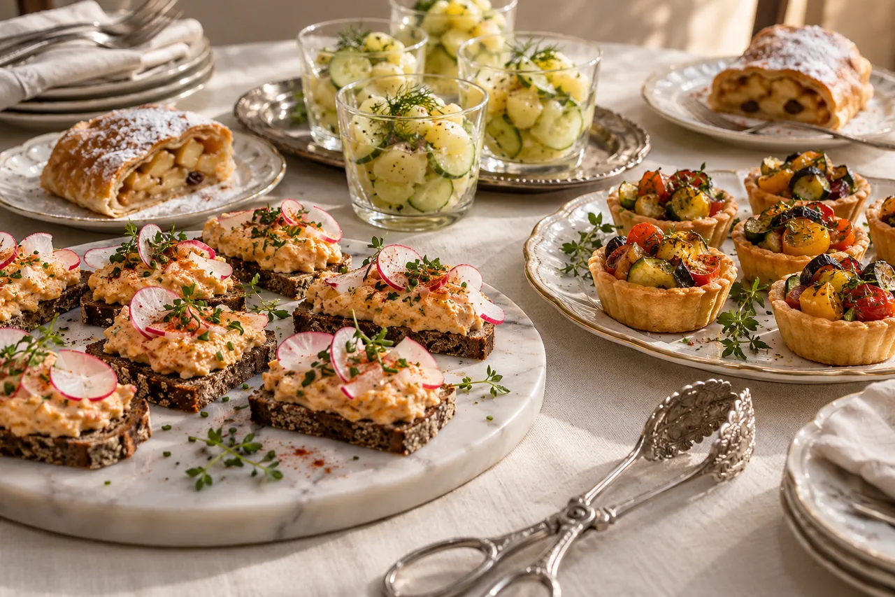 Roggenhäppchen mit Liptauer, Gemüsetartelettes und kleine Apfelstrudel auf hellen Keramiktellern