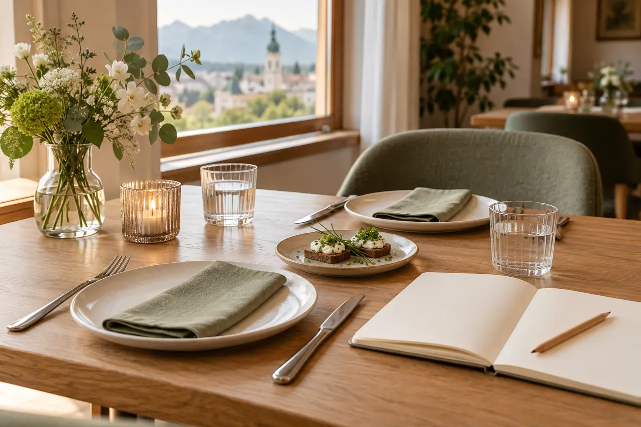 Gedeckter Zweiertisch mit leerem Notizbuch, Stift und Kräuter-Canapés