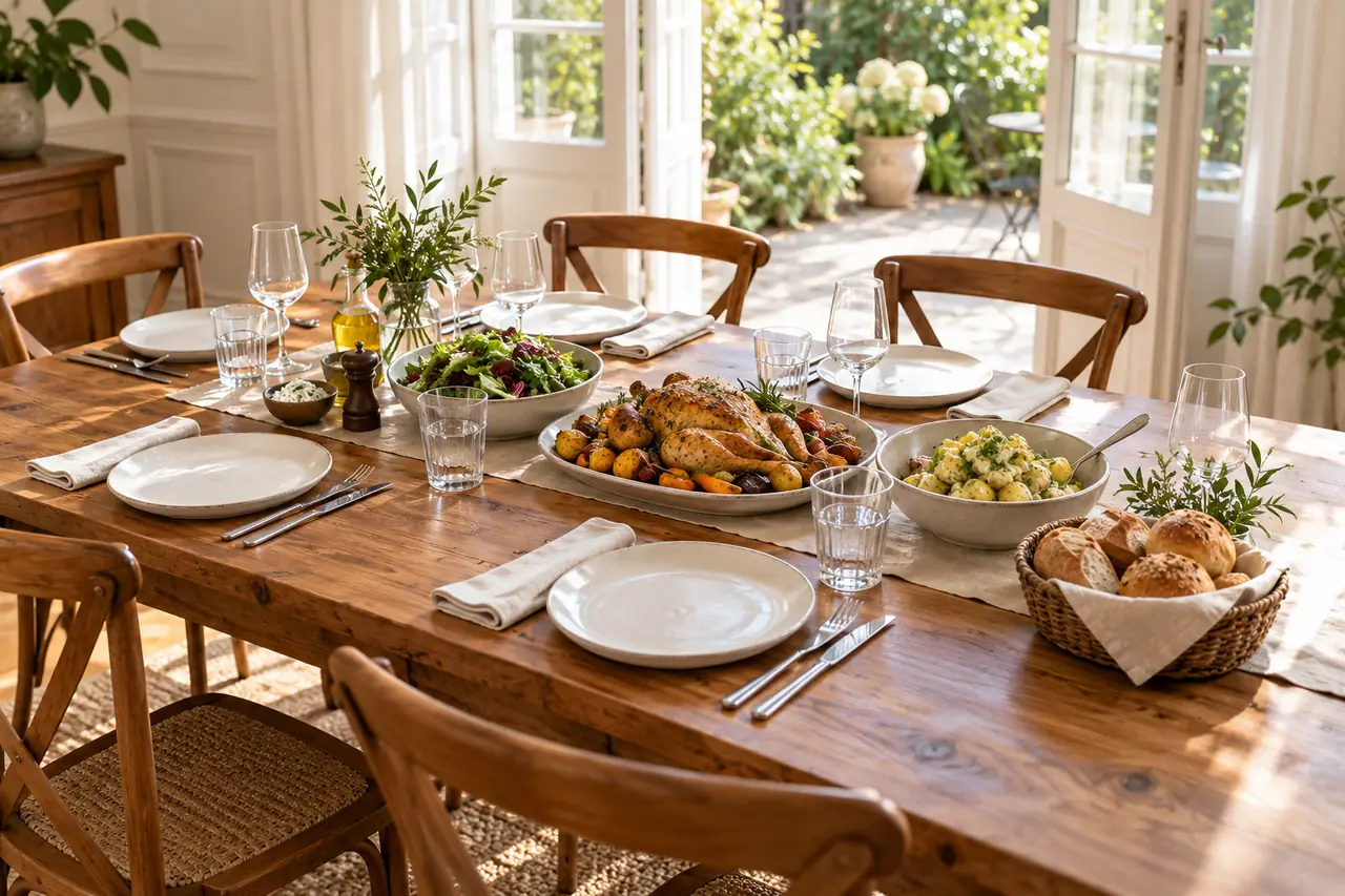 Gedeckter Tisch mit Brathuhn, Salaten, Gebäck und Blick in einen Garten