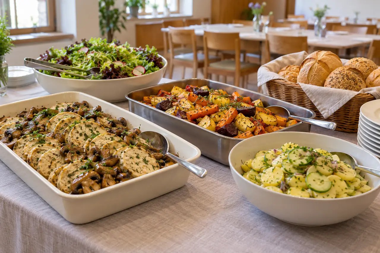 Vegetarisches Buffet mit Serviettenknödeln, Pilzen, Wurzelgemüse, Salaten und Gebäck