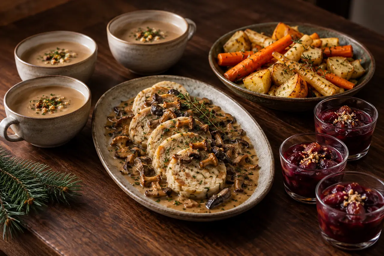 Suppentassen, Serviettenknödel mit Pilzragout, Ofenwurzelgemüse und kleine Zwetschkendesserts auf dunklem Holz