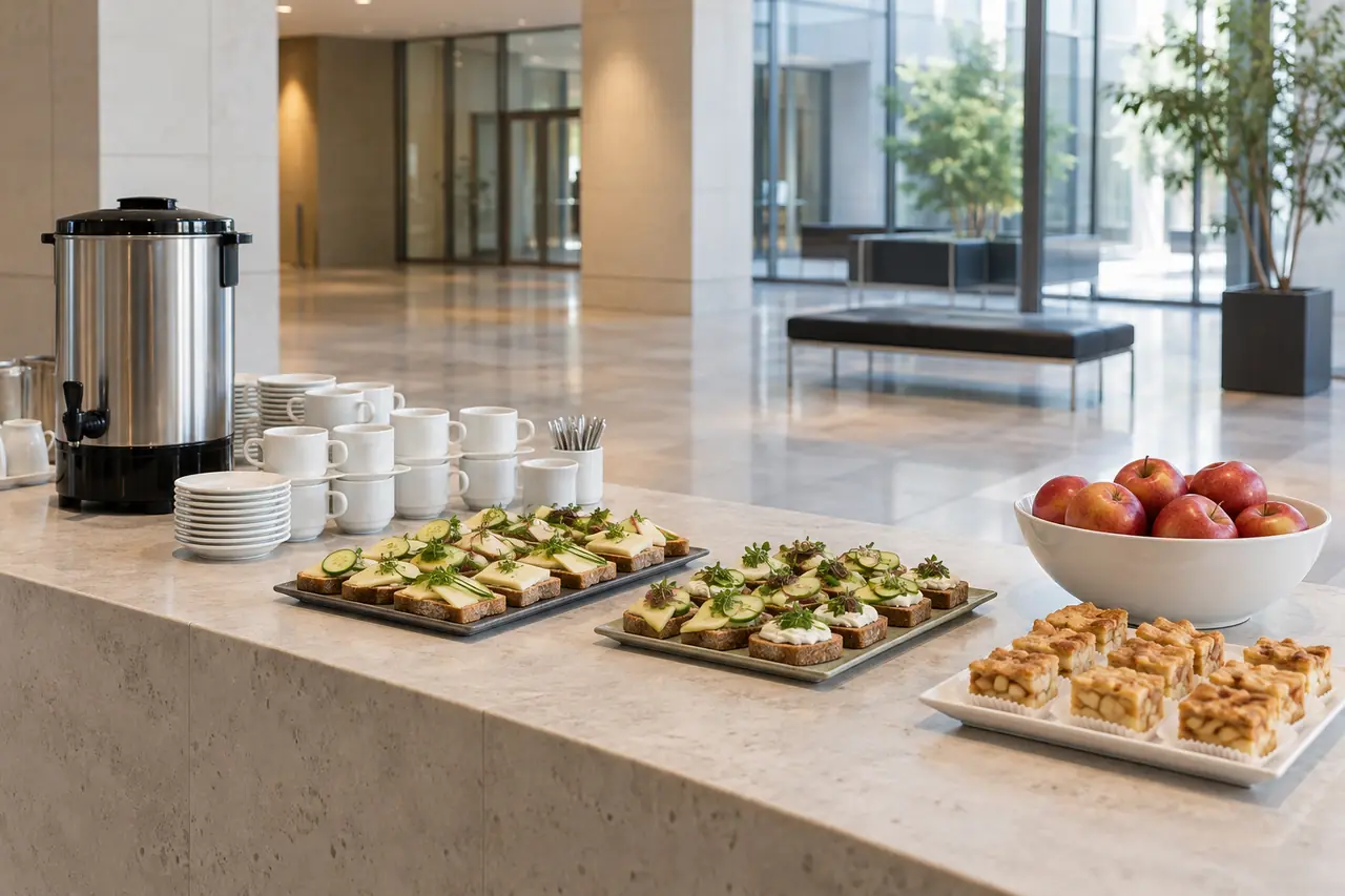 Kaffeestation mit weißen Tassen, belegten Roggenbroten, Äpfeln und kleinen Apfelkuchen in einem modernen Foyer