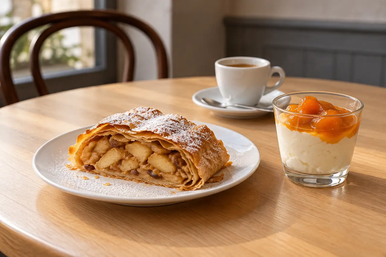 Ein Stück Apfelstrudel und Topfencreme mit Marille neben einer Kaffeetasse
