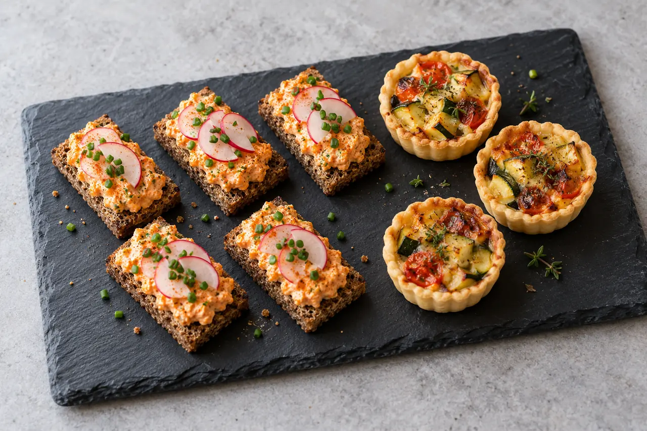 Liptauer-Roggenbrote und Gemüsetartelettes auf einer dunklen Schieferplatte