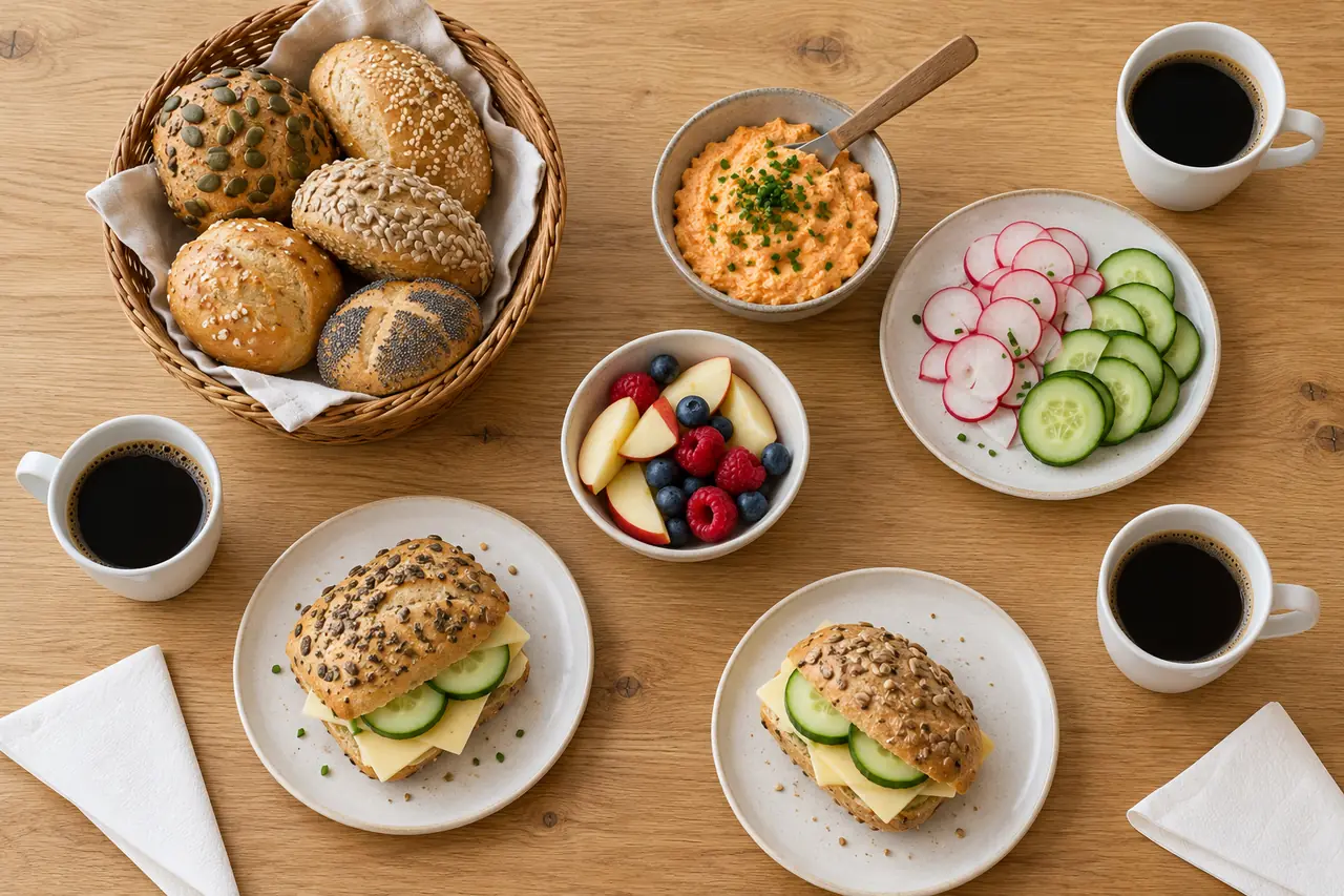 Jourgebäck, Liptauer, Radieschen, Gurken, Obst und drei Tassen schwarzer Kaffee von oben auf einem Eichentisch