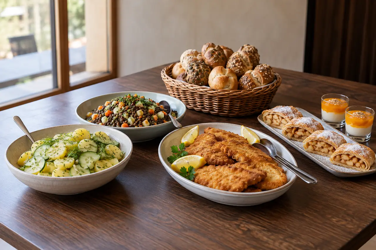 Salate, Gebäck, goldbraun paniertes Fleisch und Strudel auf einem dunklen Holztisch