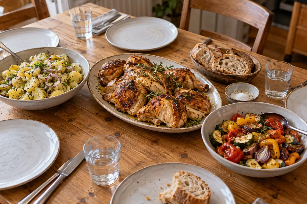 Brathendl, Erdäpfelsalat, Ofengemüse und Brot zum Teilen auf einem hölzernen Esstisch