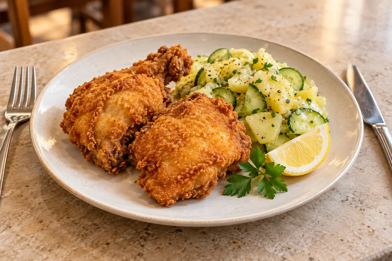 Backhendl mit Erdäpfel-Gurkensalat, Zitrone und Petersilie auf einem Teller