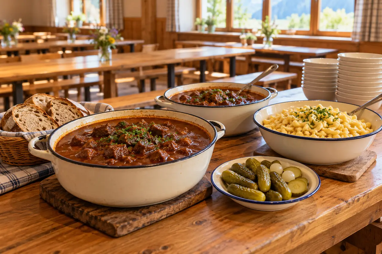 Rindsgulasch, Spätzle und Brot auf einem Buffet im Vereinsraum