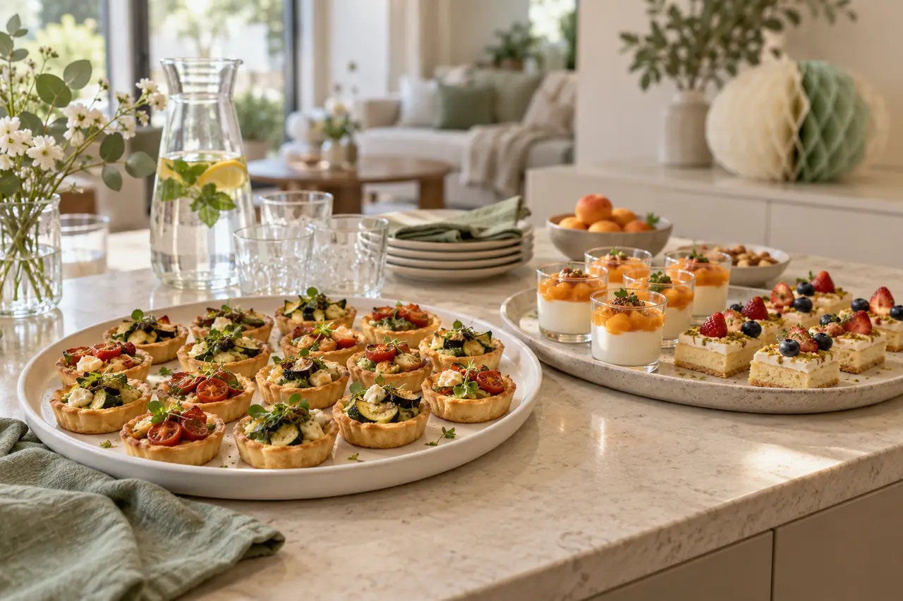 Gemüsetartelettes, kleine Cremegläser und Fruchtkuchen auf einer hellen Anrichte