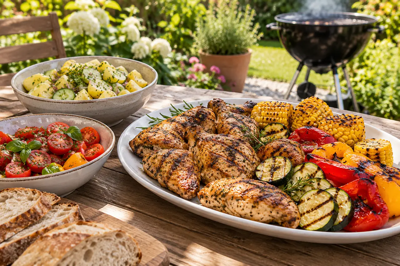 Gegrilltes Huhn und Gemüse mit Erdäpfel-Gurkensalat und Tomatensalat im Garten