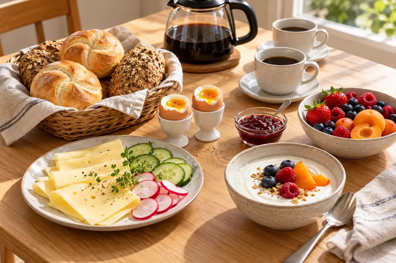 Semmeln, weiche Eier, Käse, Joghurt und Früchte auf einem Frühstückstisch