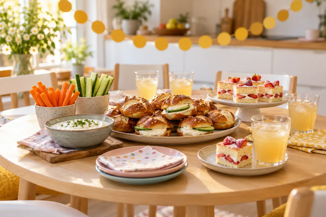 Kleine Laugenbrötchen, Gemüsesticks und Erdbeerkuchen auf einem Kindergeburtstagstisch