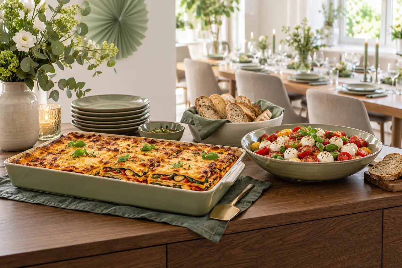 Gemüselasagne, Tomaten-Mozzarella-Salat und Brot auf einem festlichen Buffet