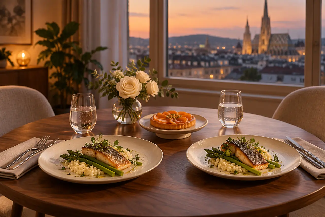 Zwei Fischgerichte mit Risotto und Spargel auf einem Abendtisch mit Blick über Wien