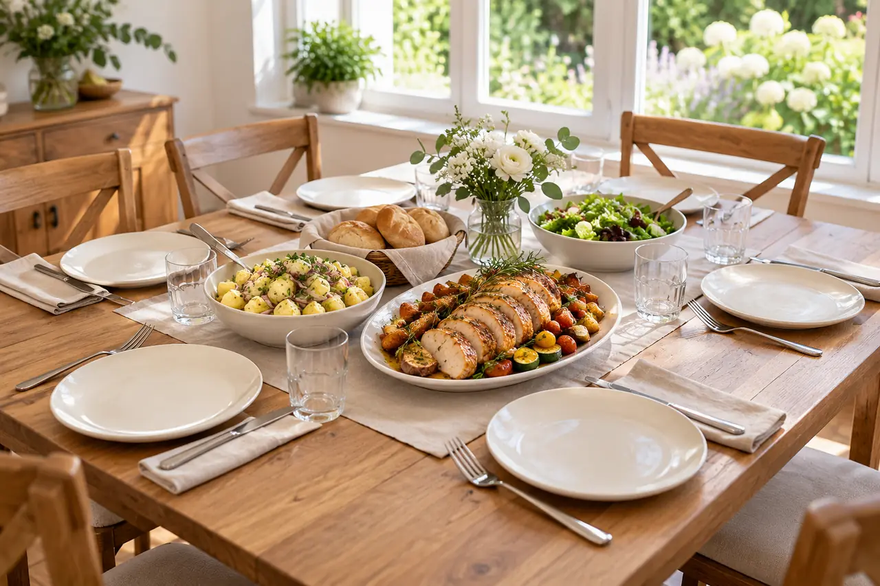 Heller Familientisch mit aufgeschnittenem Braten, Gemüse, Erdäpfelsalat und Gebäck