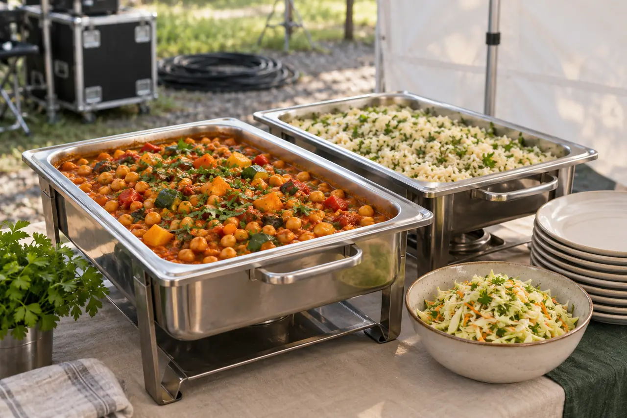 Kichererbsen-Gemüse-Eintopf und Kräuterreis in Servierschalen unter einem Cateringzelt