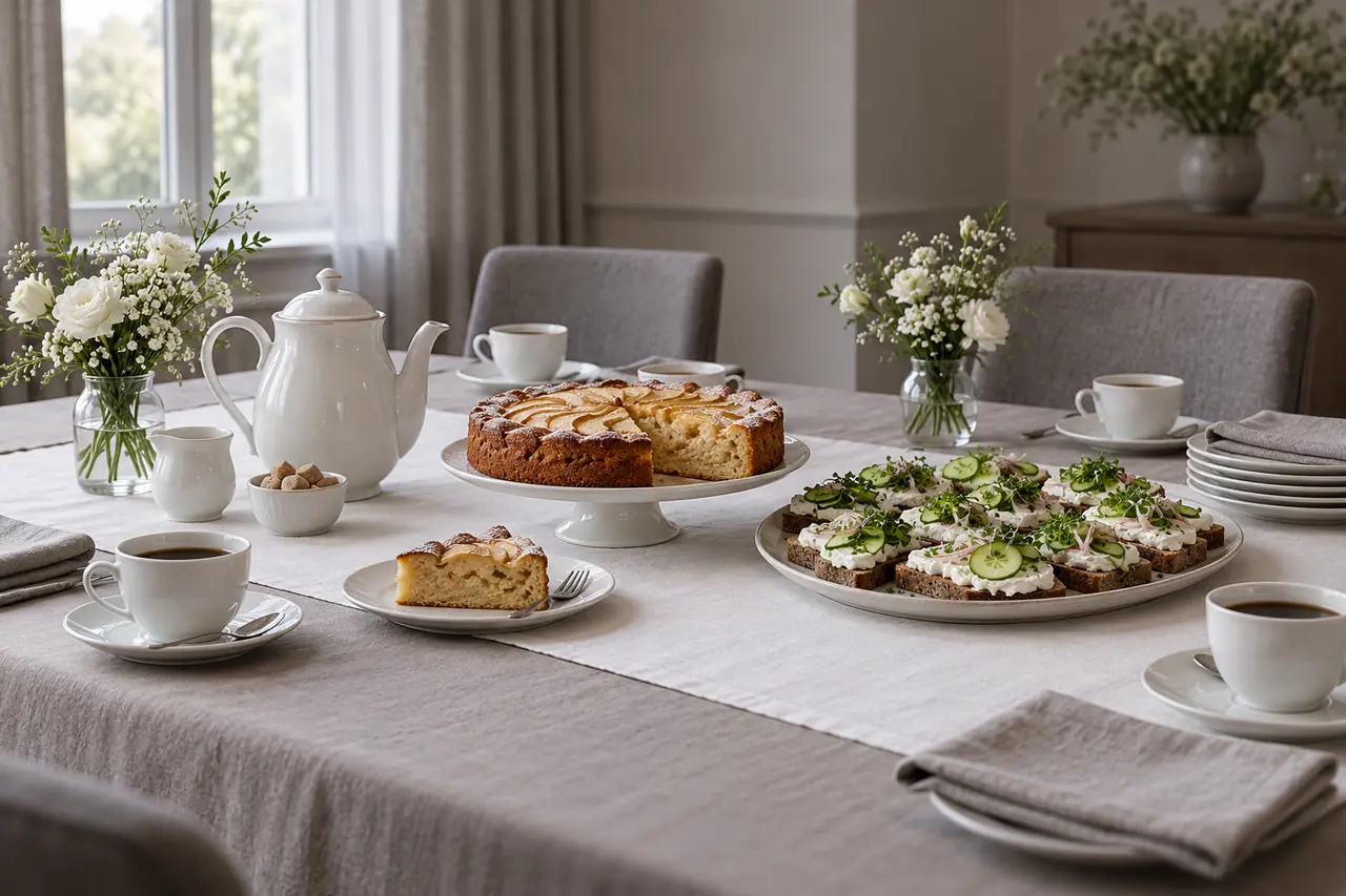 Kaffee, Apfelkuchen und belegte Roggenbrote auf einer ruhig gedeckten Tafel
