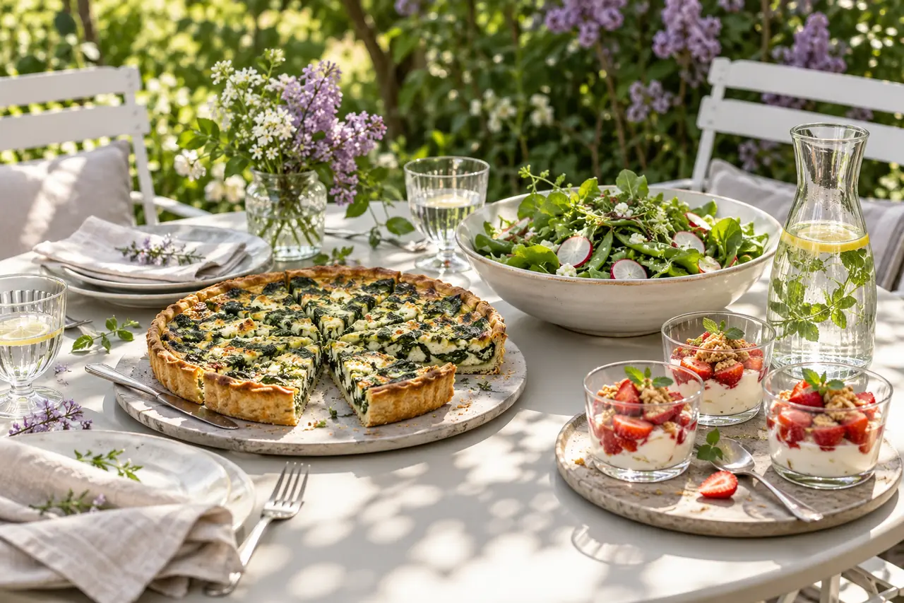 Spinatquiche, grüner Salat und Erdbeerdesserts auf einem Gartentisch
