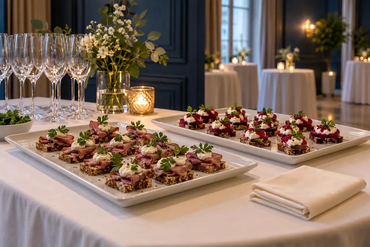 Roastbeef- und Rote-Rüben-Canapés auf weißen Platten in einem Empfangsraum