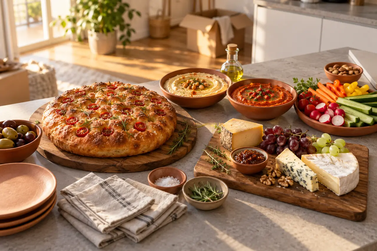 Focaccia, Hummus, Paprikadip und Käse auf einer Kücheninsel zur Einweihung