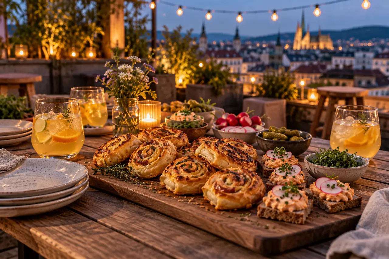 Pikante Blätterteigschnecken und Liptauerbrote auf einer Terrasse bei Abendlicht