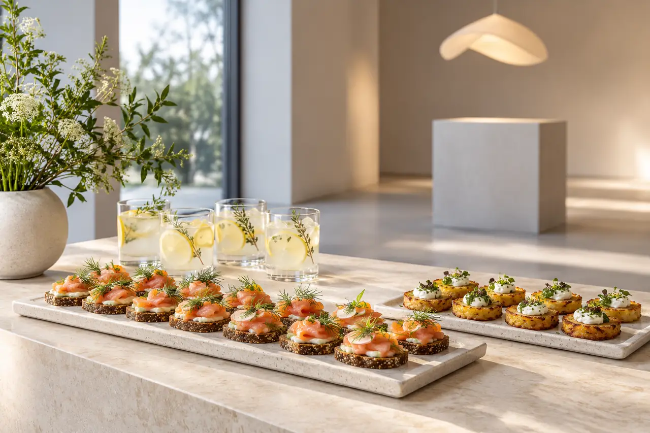 Fischcanapés und kleine Erdäpfelrösti auf einem modernen Empfangsbuffet