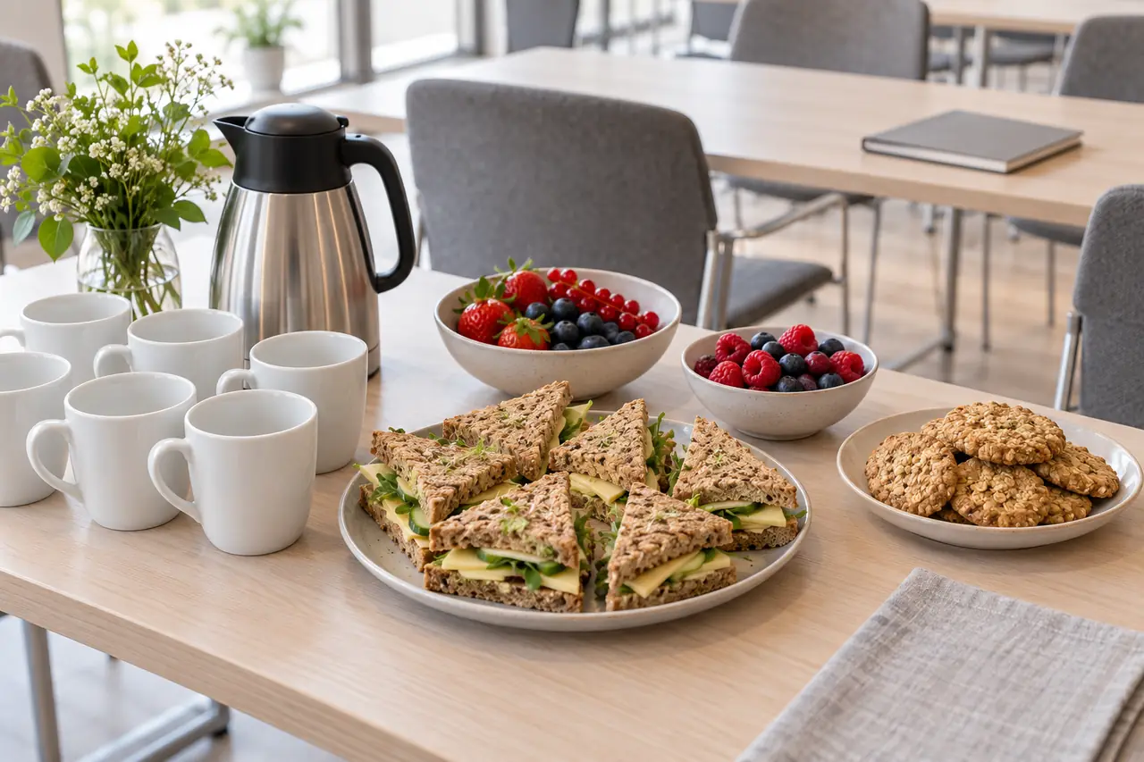 Kaffeepause mit Vollkorn-Sandwiches, Beeren und Haferkeksen im Seminarraum