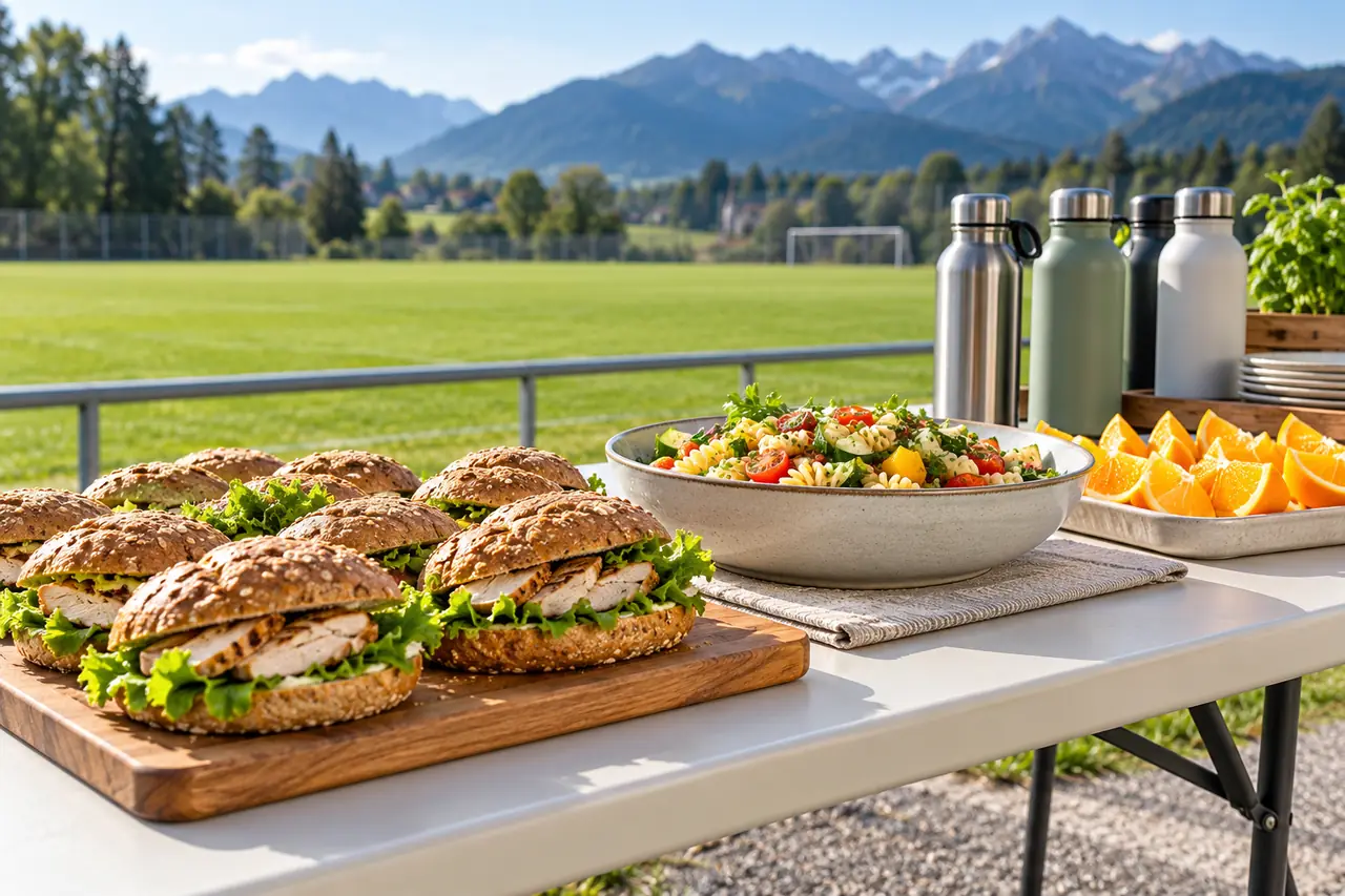 Vollkorn-Sandwiches, Nudelsalat und Orangenspalten an einem Sportplatz