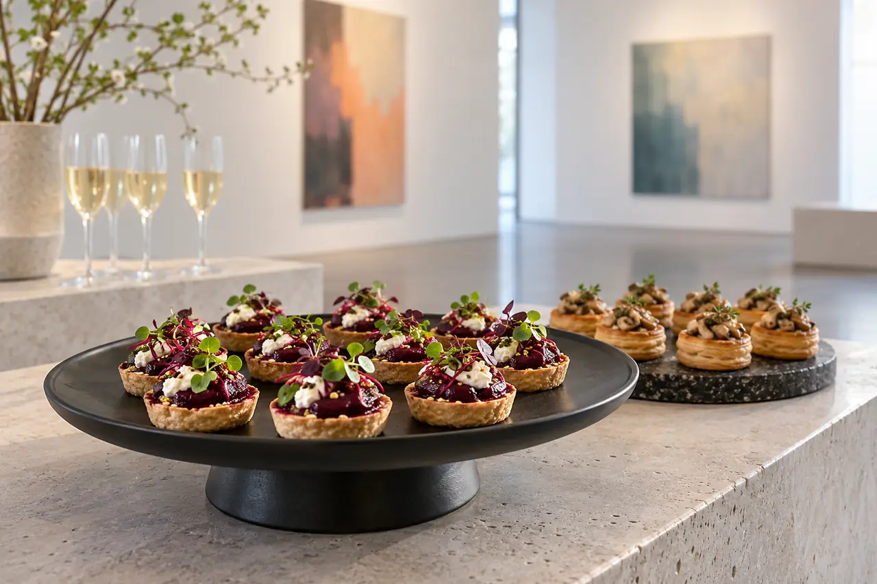 Rote-Rüben-Tartelettes und Pilzgebäck auf einem Empfangstisch in einer Galerie